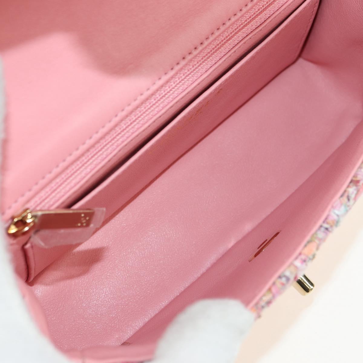CHANEL Matelasse Chain Shoulder Bag Wool Tweed Pink Gold CC Auth 181936SAM