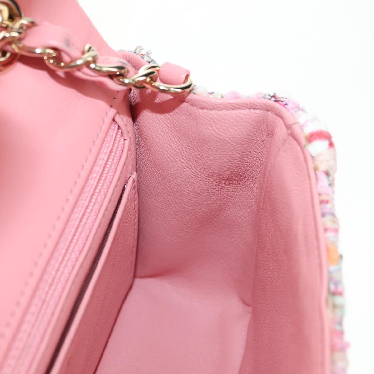 CHANEL Matelasse Chain Shoulder Bag Wool Tweed Pink Gold CC Auth 181936SAM