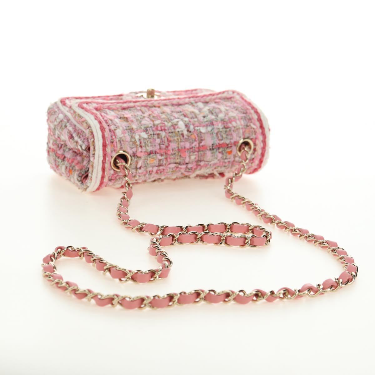 CHANEL Matelasse Chain Shoulder Bag Wool Tweed Pink Gold CC Auth 181936SAM
