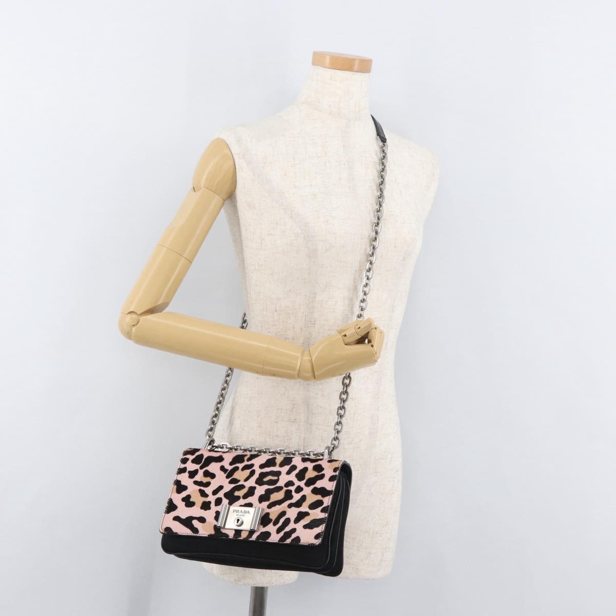 PRADA Chain Shoulder Bag Unborn Calf Skin Pink Silver Auth 181937A