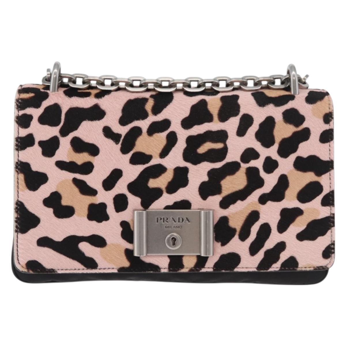 PRADA Chain Shoulder Bag Unborn Calf Skin Pink Silver Auth 181937A