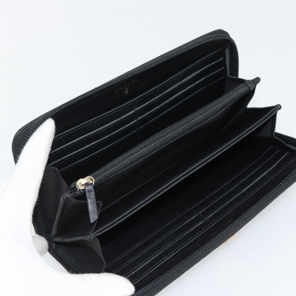 CHANEL Boy Chanel Long Wallet Lamb Skin Black Gold CC Auth 181946V