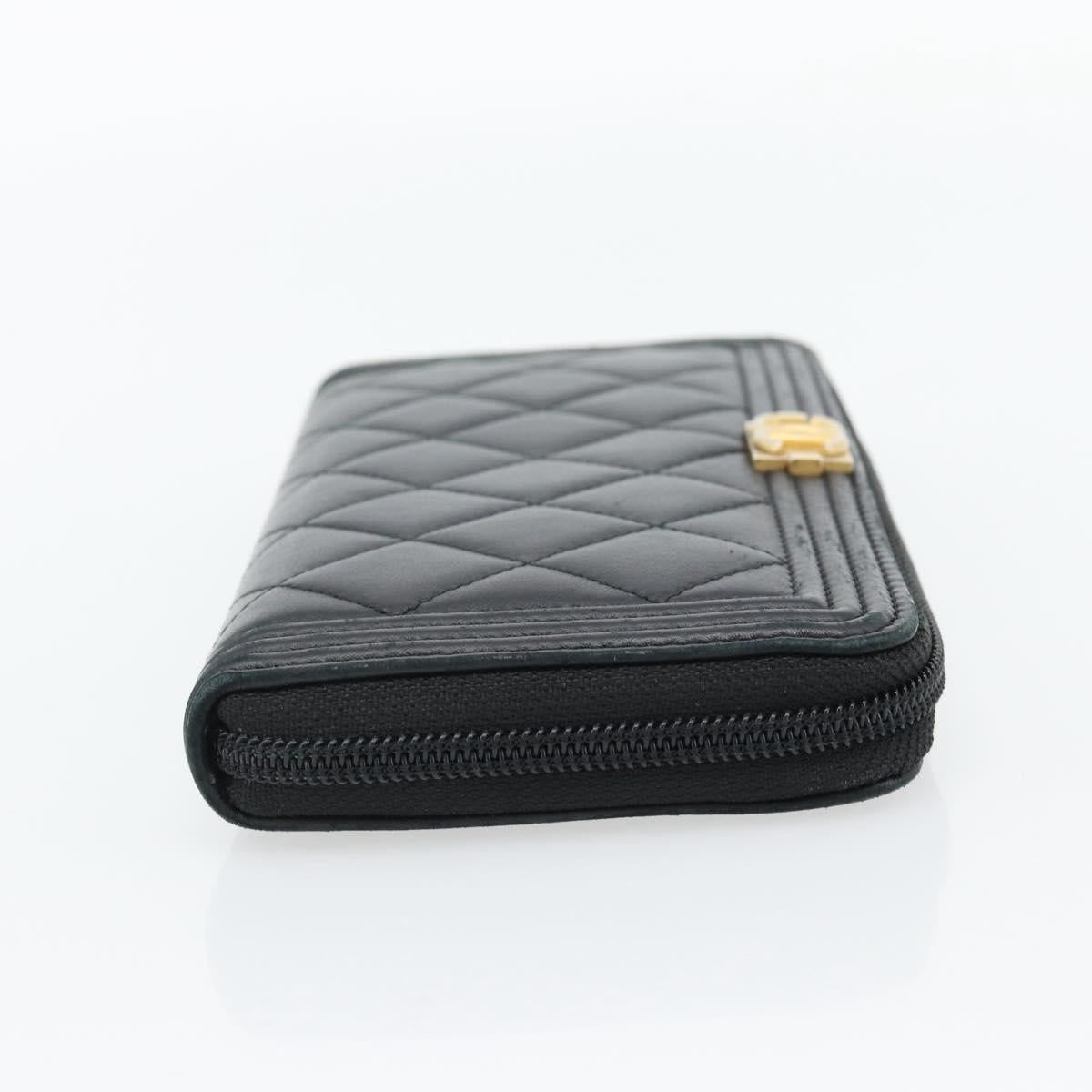 CHANEL Boy Chanel Long Wallet Lamb Skin Black Gold CC Auth 181946V