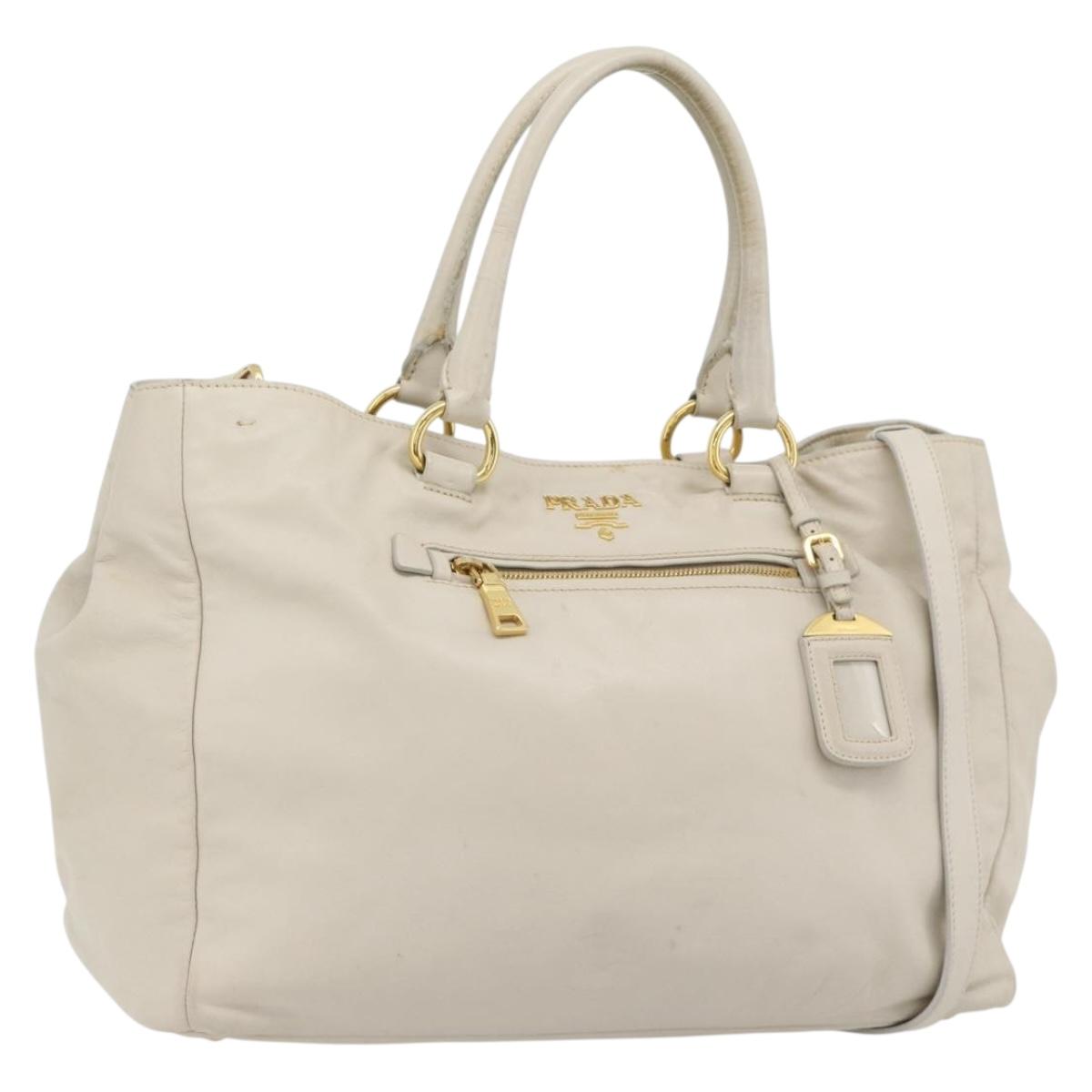 PRADA Hand Bag Leather 2way Ivory Gold Auth 182009