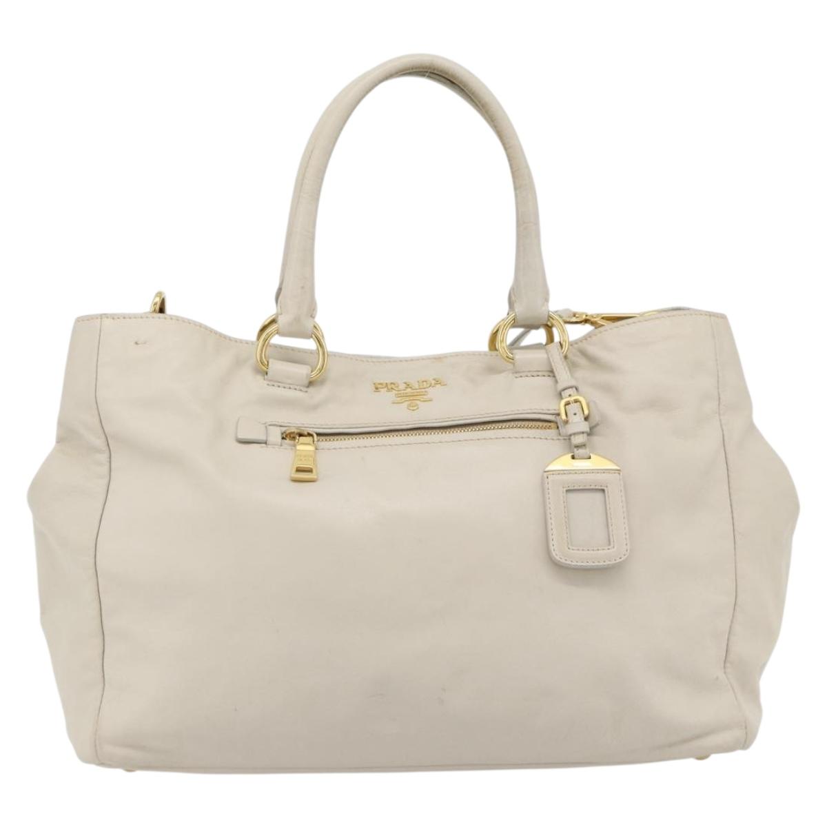 PRADA Hand Bag Leather 2way Ivory Gold Auth 182009