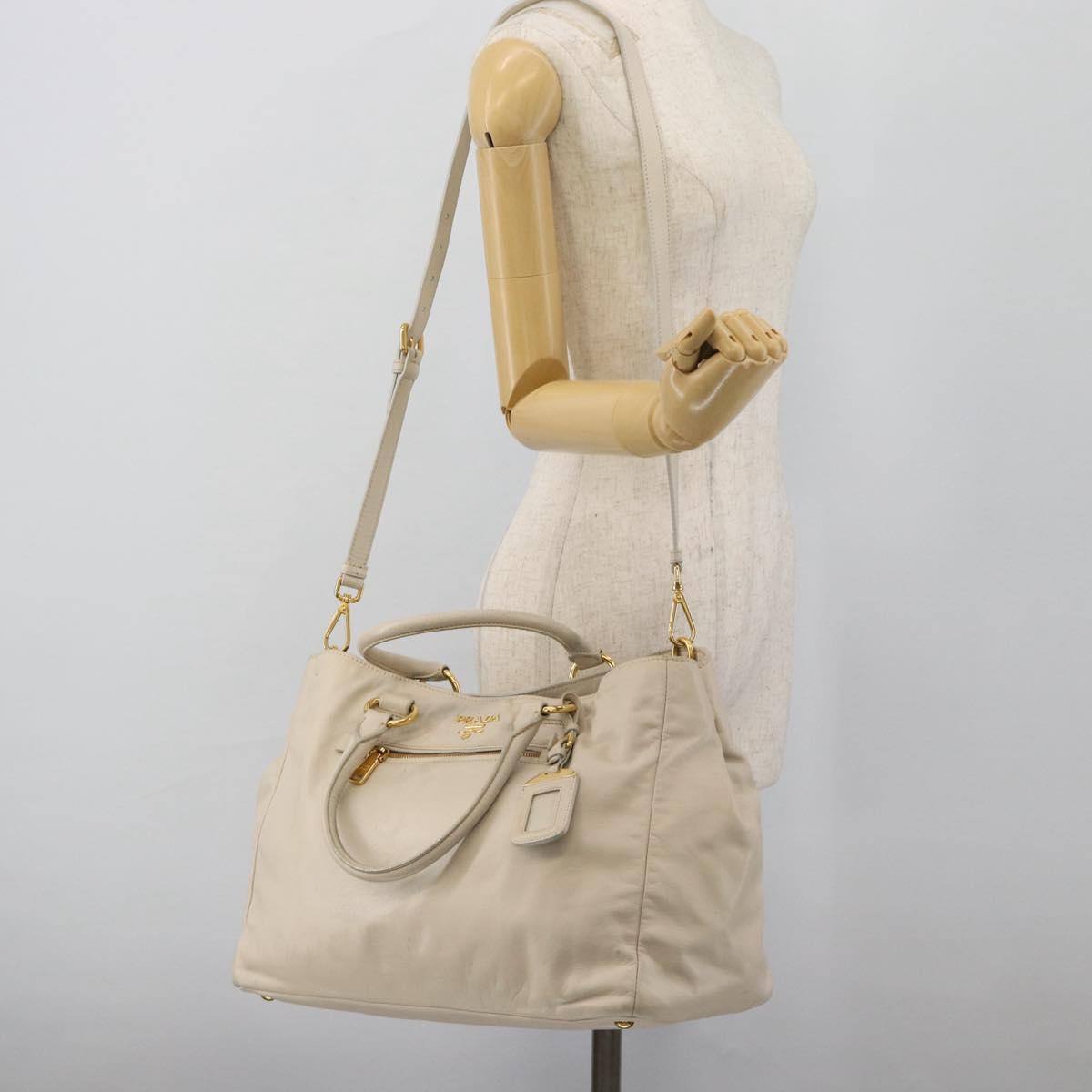 PRADA Hand Bag Leather 2way Ivory Gold Auth 182009