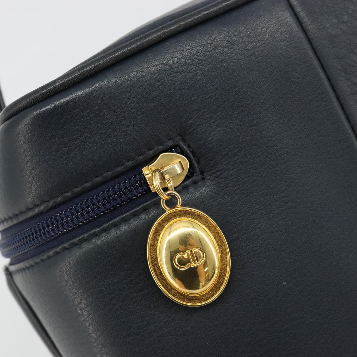 Christian Dior Vanity Hand Bag Leather Navy Gold Auth 182020A