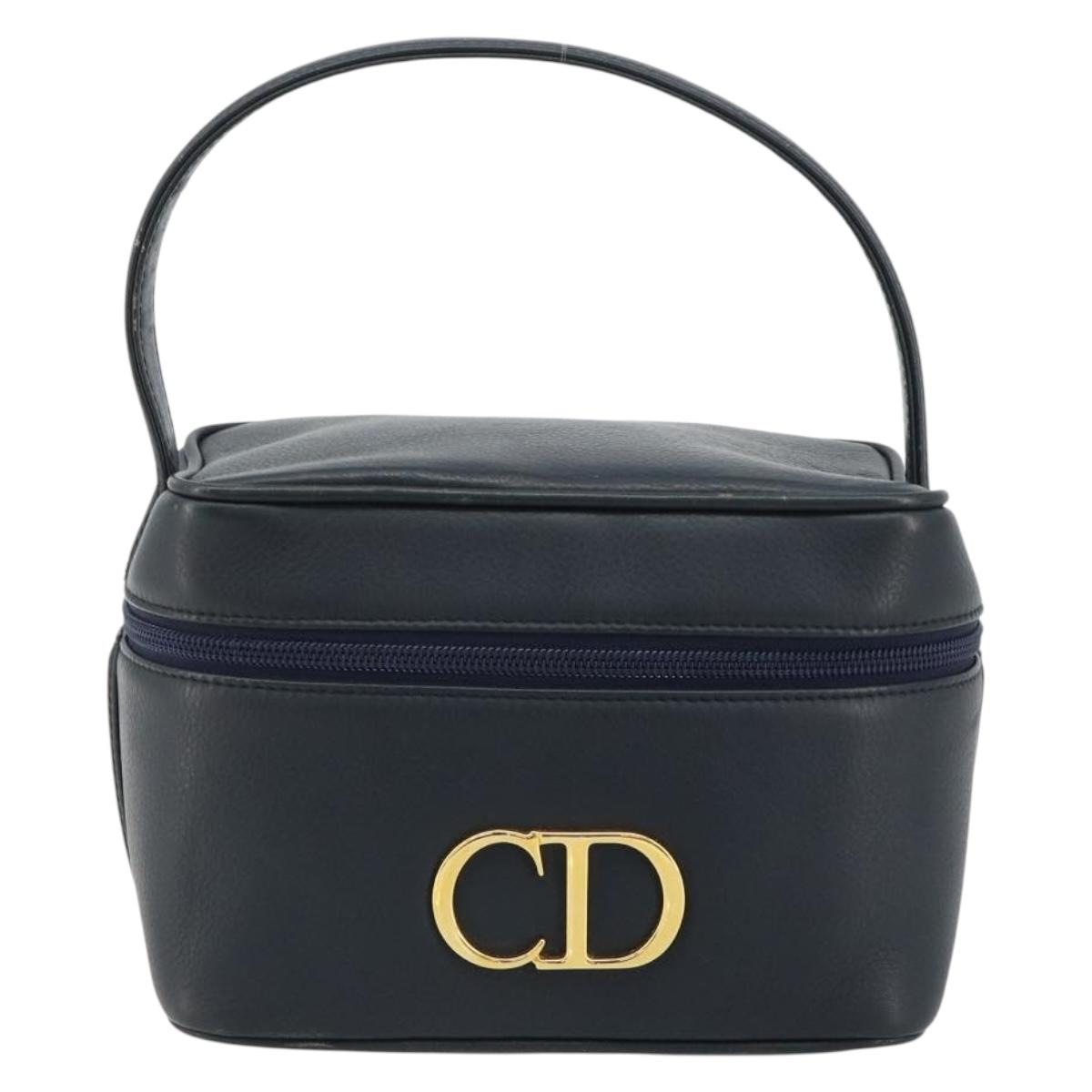 Christian Dior Vanity Hand Bag Leather Navy Gold Auth 182020A