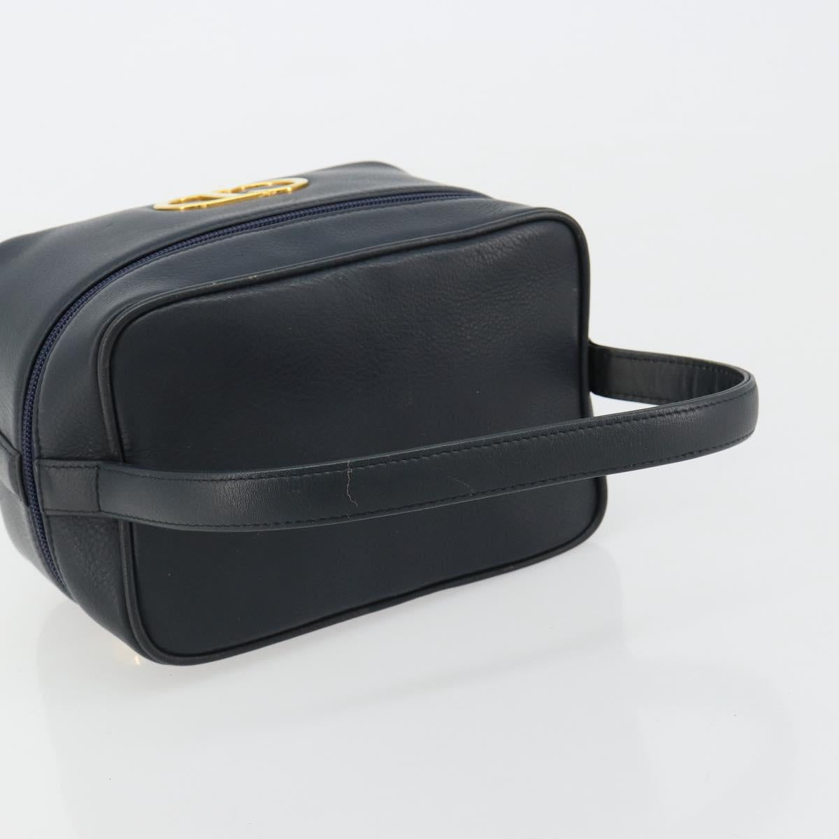 Christian Dior Vanity Hand Bag Leather Navy Gold Auth 182020A