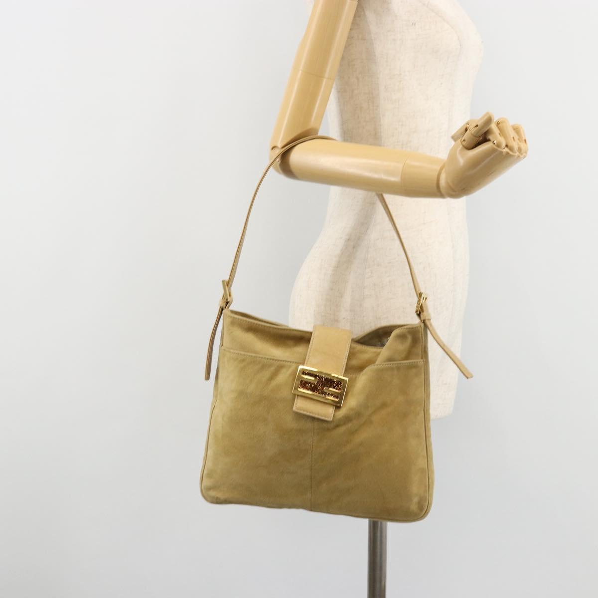 FENDI Mamma Baguette Shoulder Bag Suede Beige Gold Auth 182030V