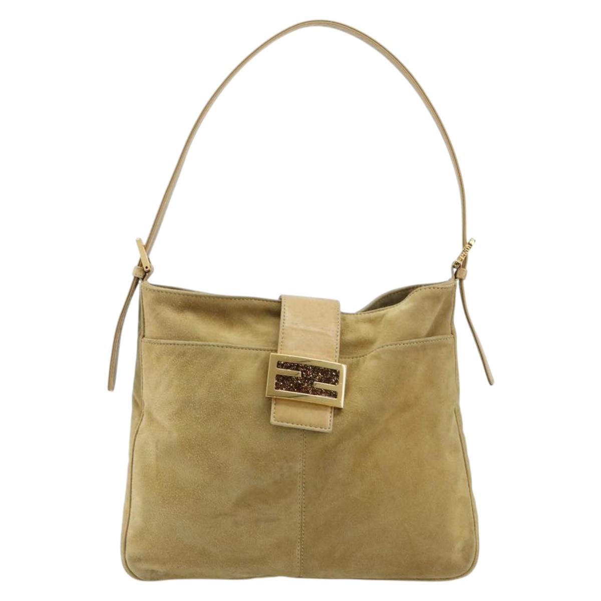 FENDI Mamma Baguette Shoulder Bag Suede Beige Gold Auth 182030V