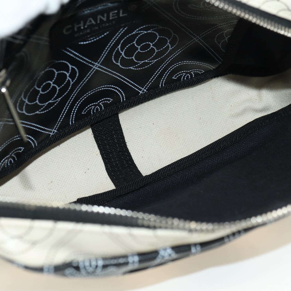 CHANEL Camelia Shoulder Bag Coated Canvas White Black CC Auth 182034SAV