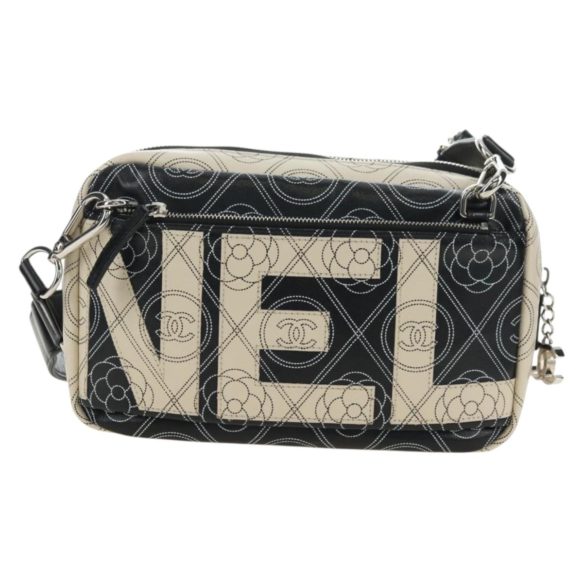 CHANEL Camelia Shoulder Bag Coated Canvas White Black CC Auth 182034SAV