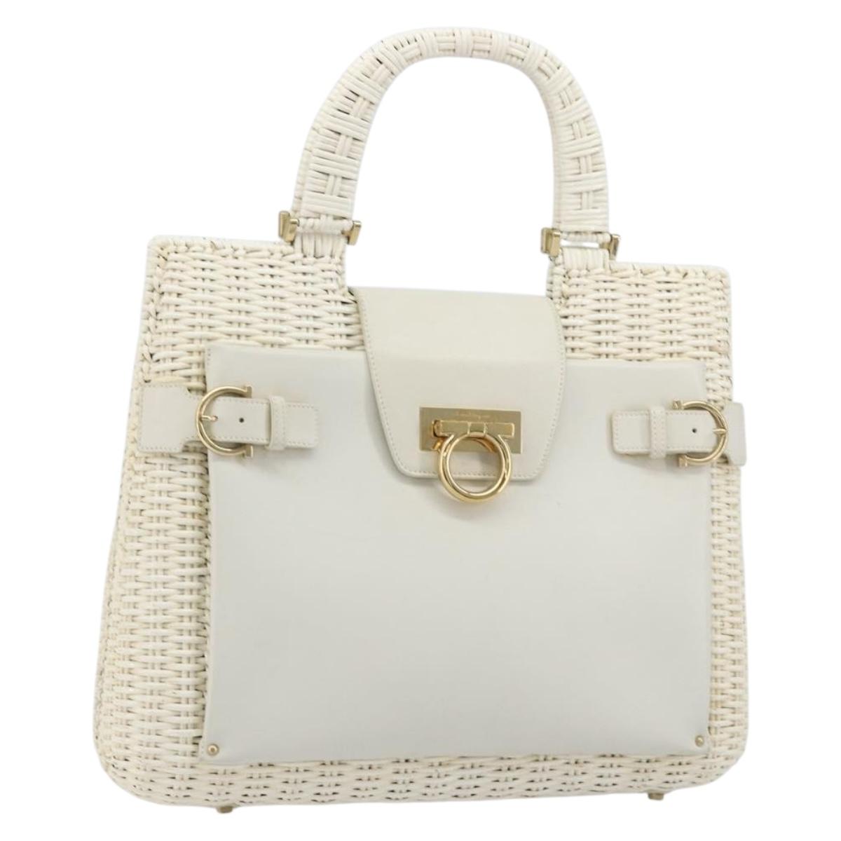Salvatore Ferragamo Gancini Hand Bag Rattan White Gold Auth 182039A