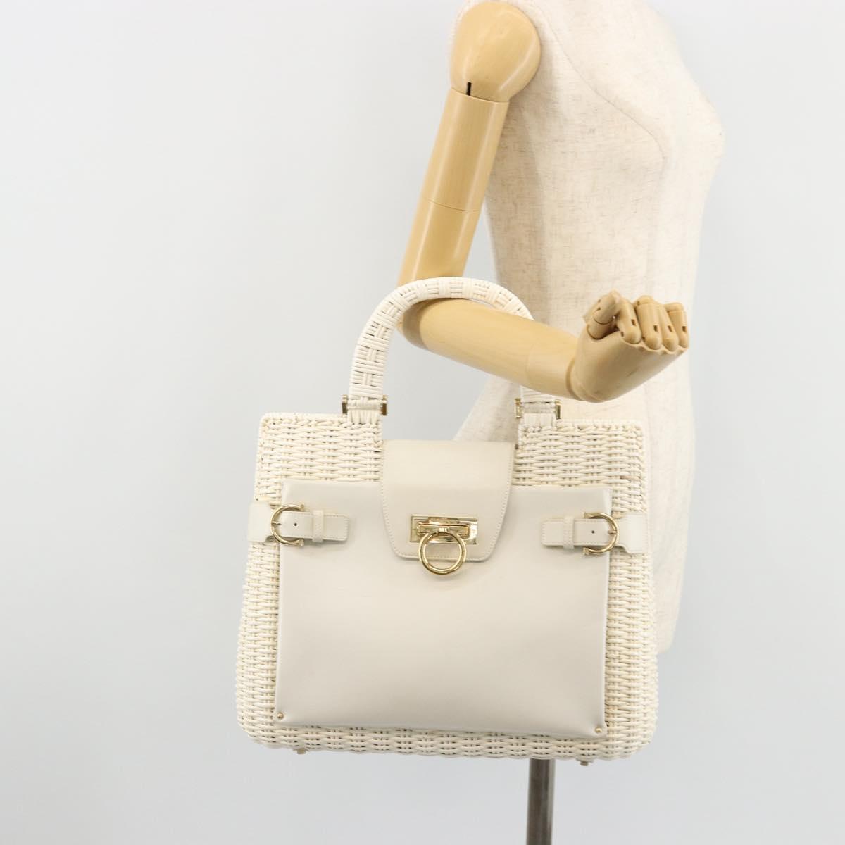 Salvatore Ferragamo Gancini Hand Bag Rattan White Gold Auth 182039A