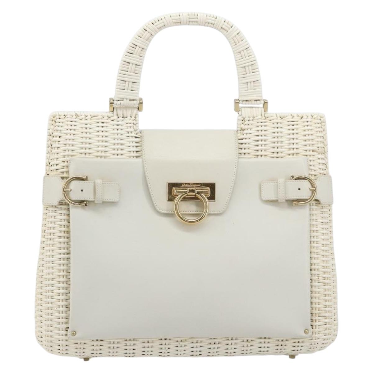 Salvatore Ferragamo Gancini Hand Bag Rattan White Gold Auth 182039A