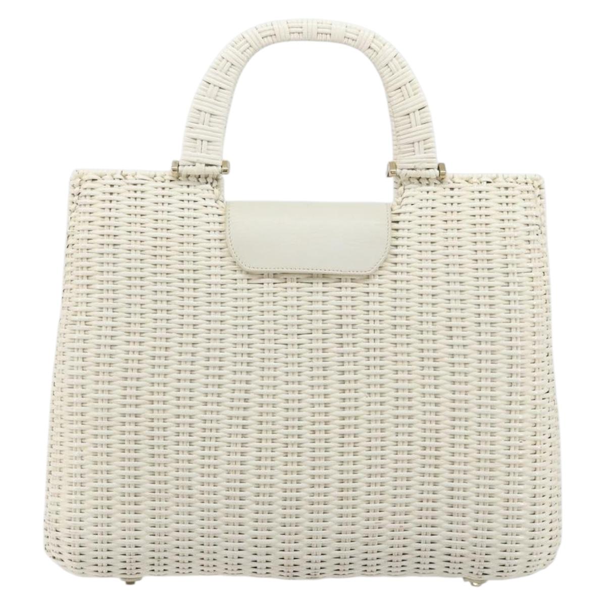 Salvatore Ferragamo Gancini Hand Bag Rattan White Gold Auth 182039A