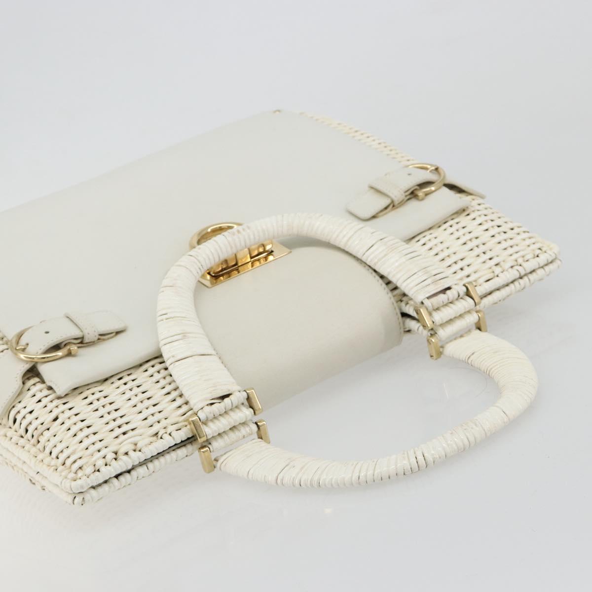 Salvatore Ferragamo Gancini Hand Bag Rattan White Gold Auth 182039A