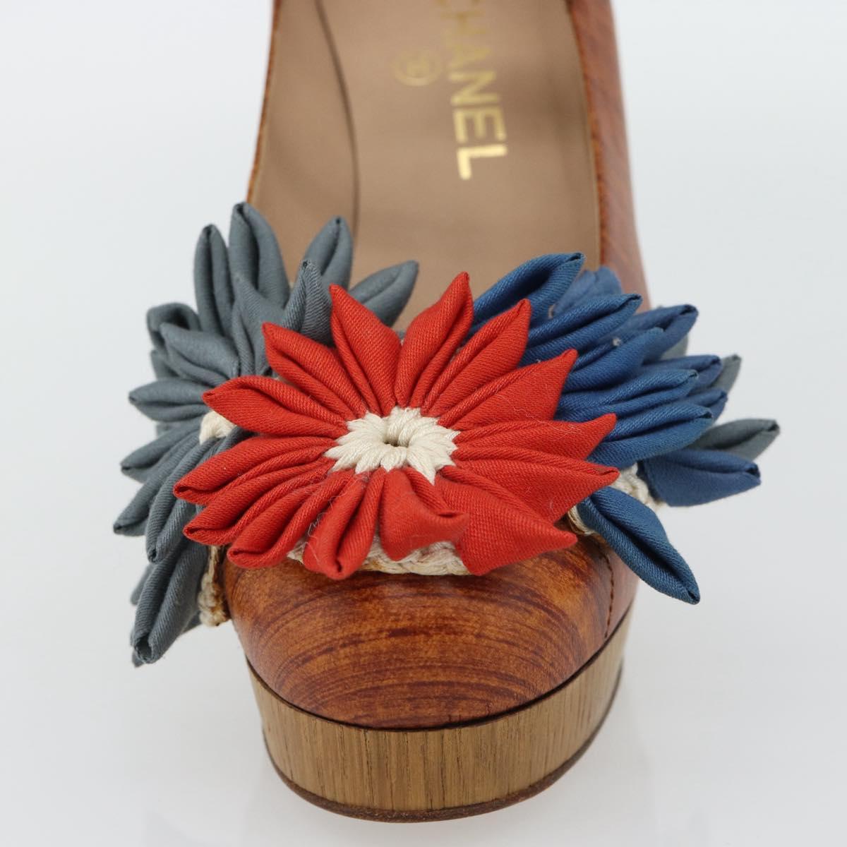 CHANEL Pumps Leather 38 1/2 Brown CC Auth 182044V