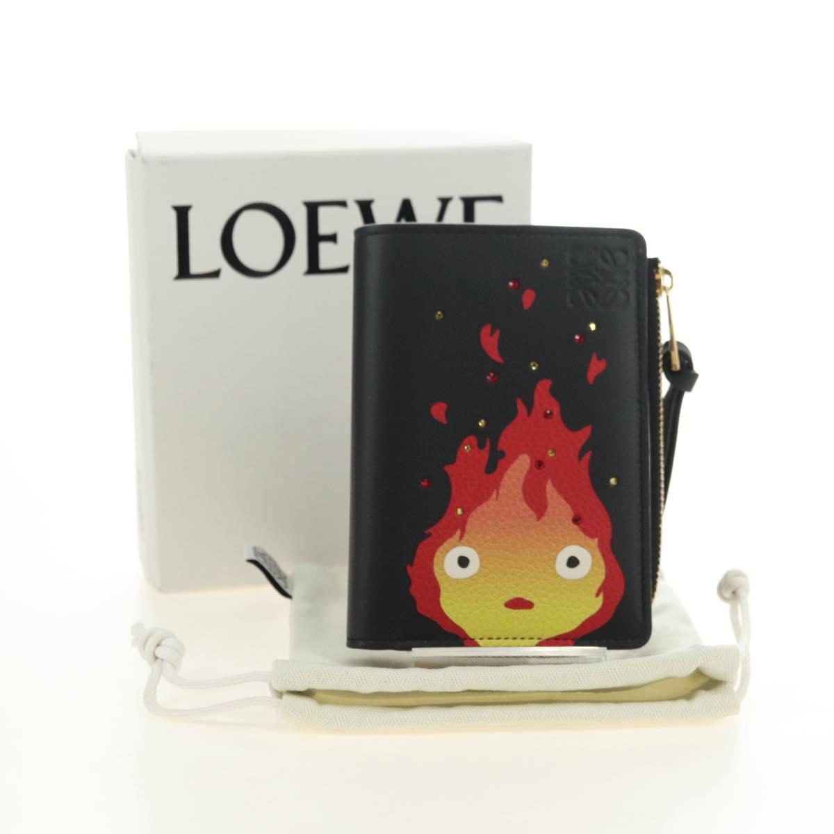 LOEWE Ghibli Collaboration Compact Wallet Leather Black Gold Auth 182050SM