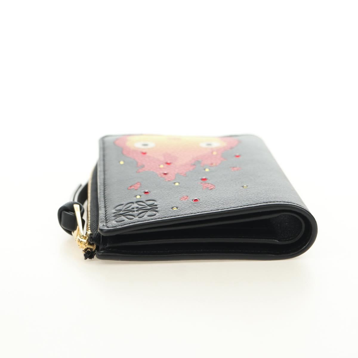 LOEWE Ghibli Collaboration Compact Wallet Leather Black Gold Auth 182050SM