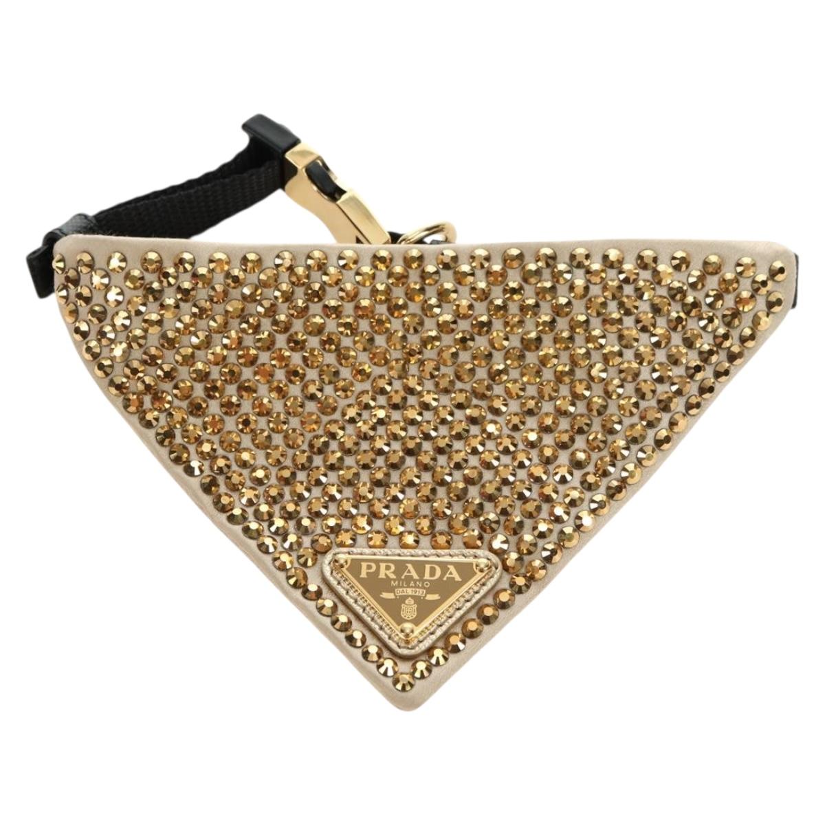PRADA Collar Dog Leash Satin Gold Auth 182053V