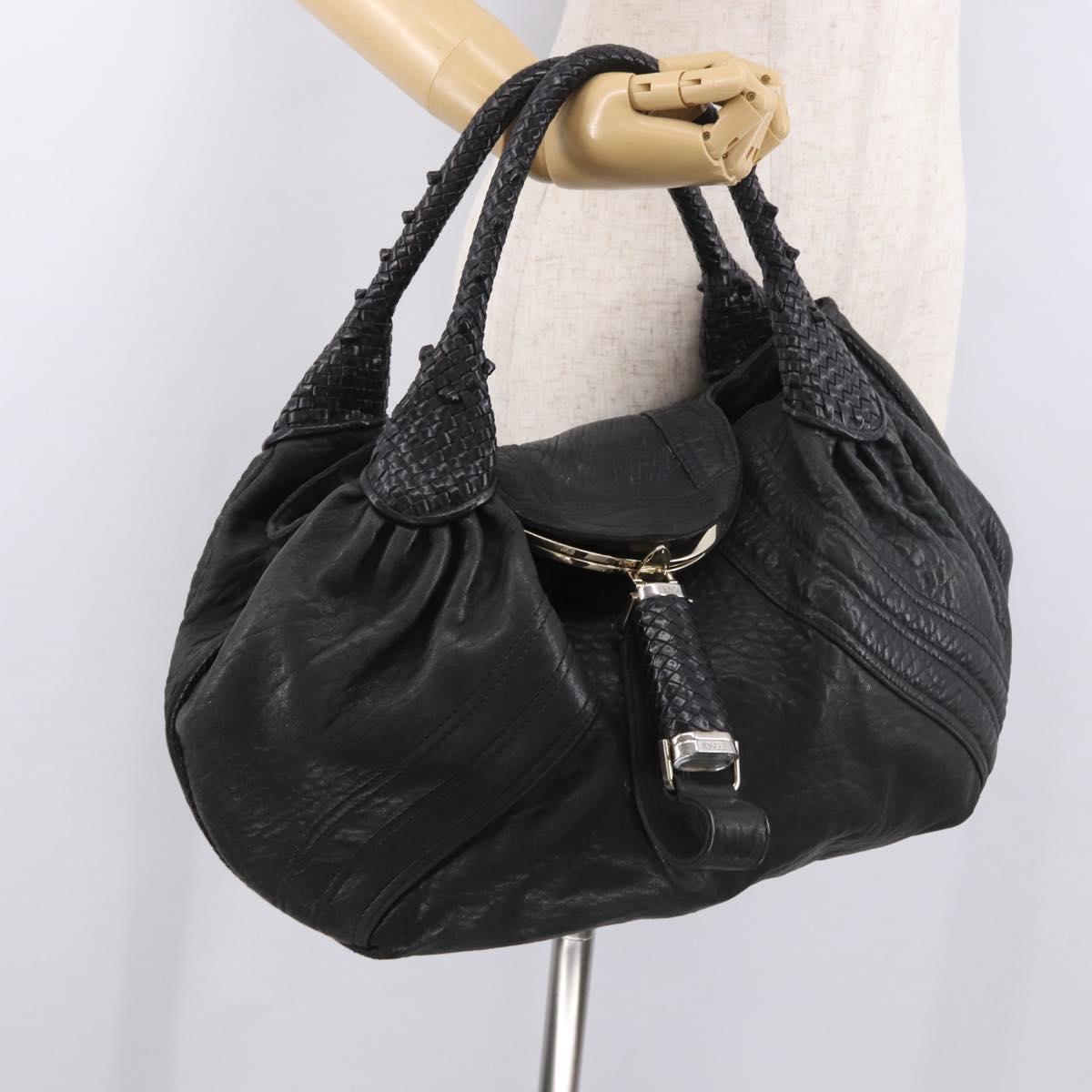 FENDI Spy bag Hand Bag Leather Black Gold Auth 182086