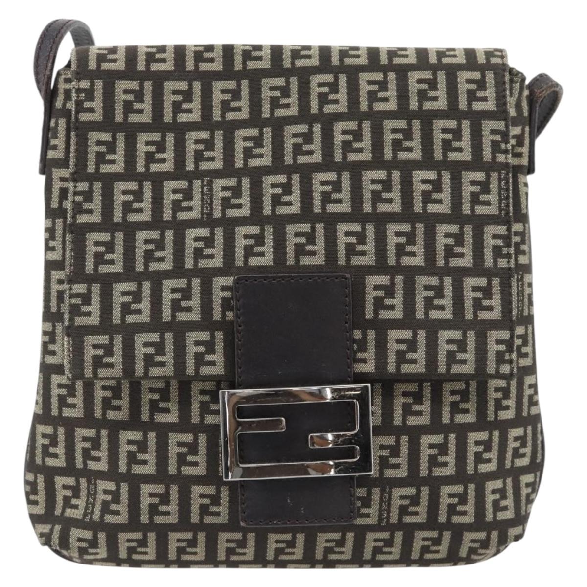 FENDI Zucchino Canvas Mamma Baguette Shoulder Bag Dark Brown Silver Auth 182097A