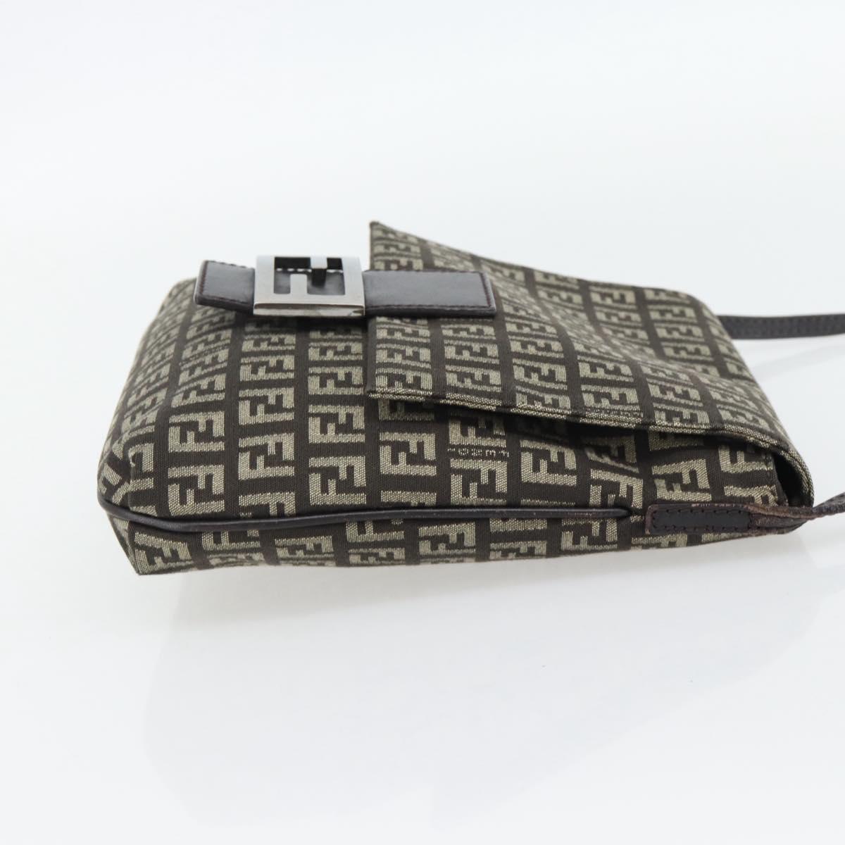 FENDI Zucchino Canvas Mamma Baguette Shoulder Bag Dark Brown Silver Auth 182097A