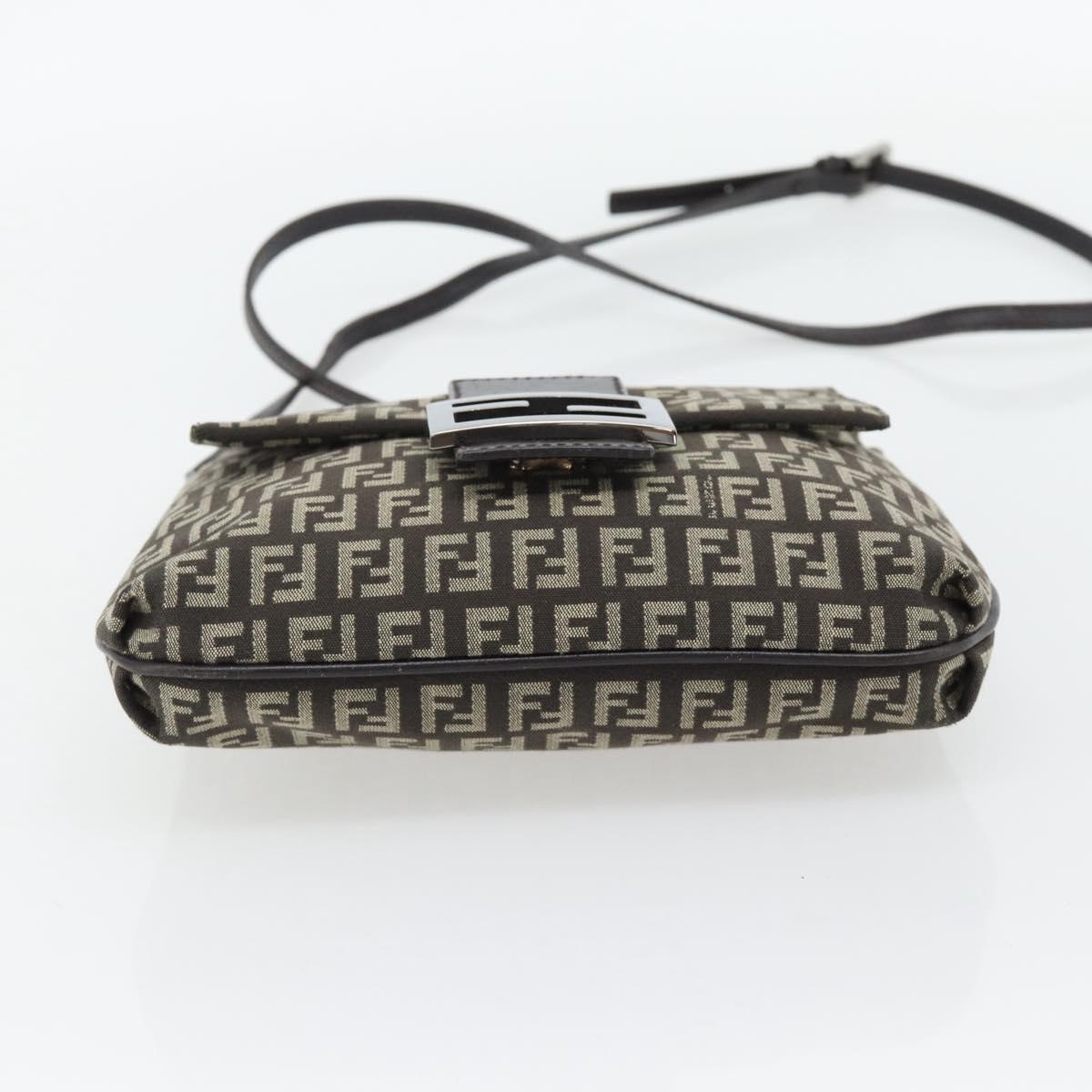 FENDI Zucchino Canvas Mamma Baguette Shoulder Bag Dark Brown Silver Auth 182097A