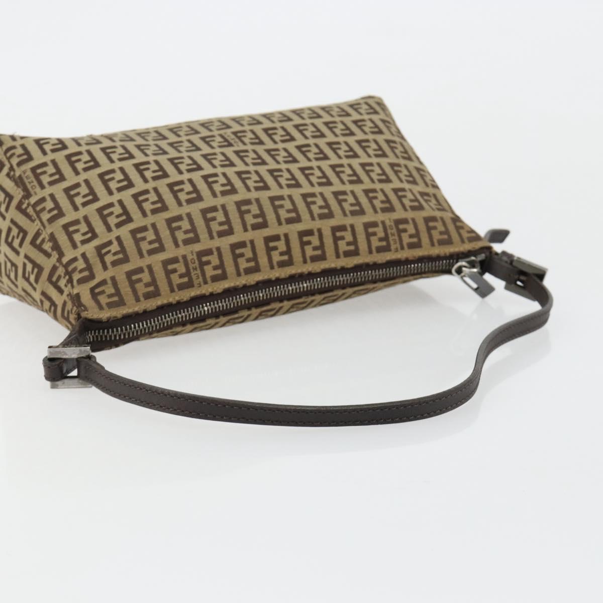 FENDI Zucchino Canvas Shoulder Bag Beige Silver Auth 182099