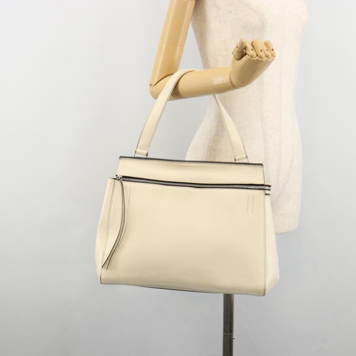 CELINE Hand Bag Leather White Silver Auth 182125A