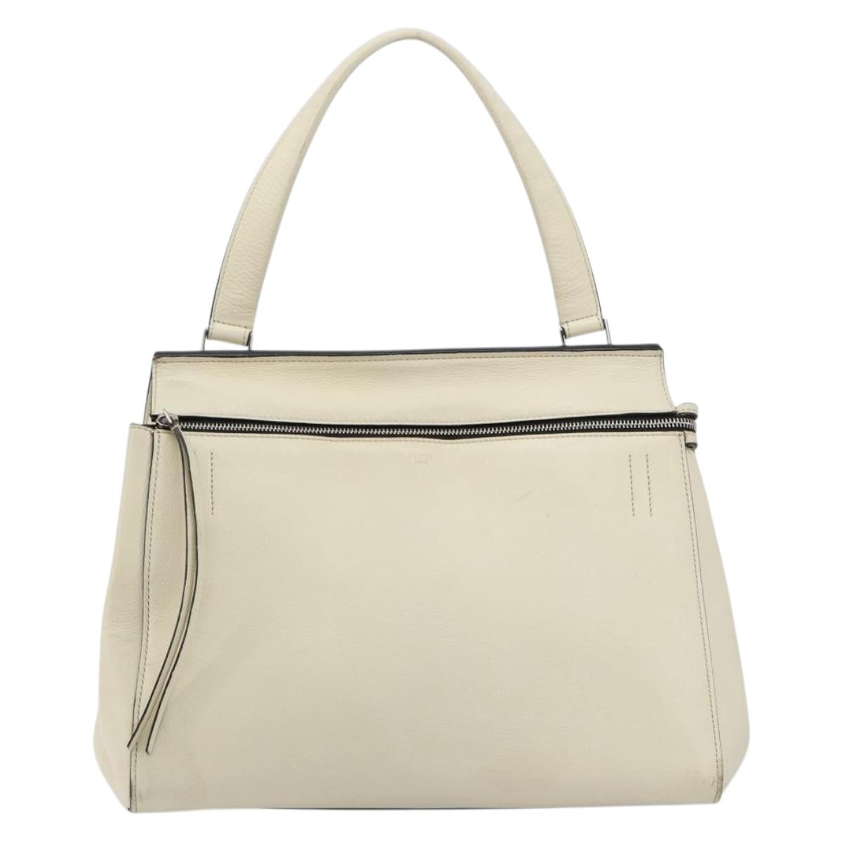 CELINE Hand Bag Leather White Silver Auth 182125A
