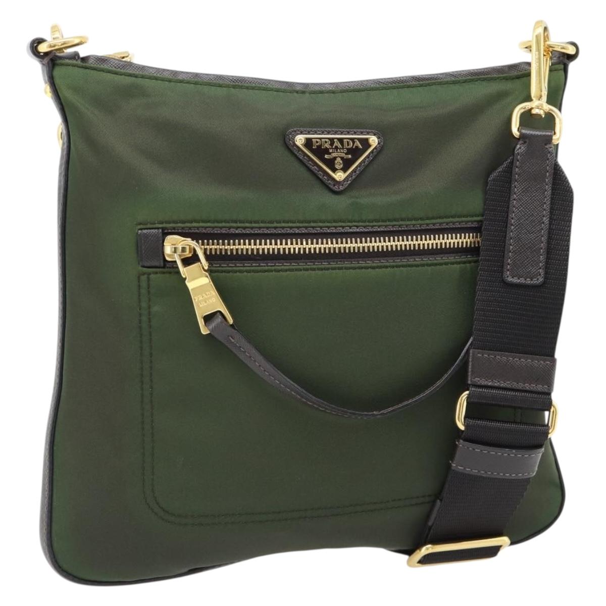 PRADA Shoulder Bag Nylon Green Gold Auth 182130