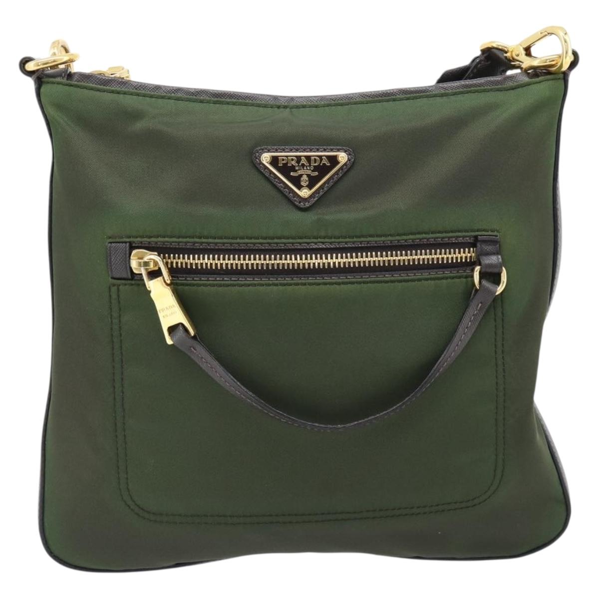 PRADA Shoulder Bag Nylon Green Gold Auth 182130
