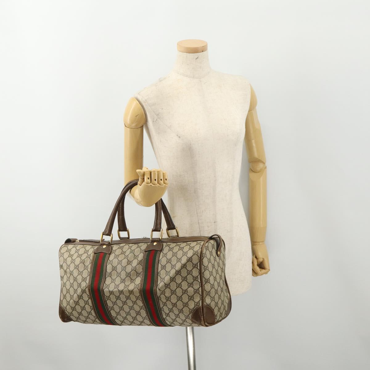 GUCCI GG Supreme Web Sherry Line Boston Bag PVC Beige Gold Auth 182135