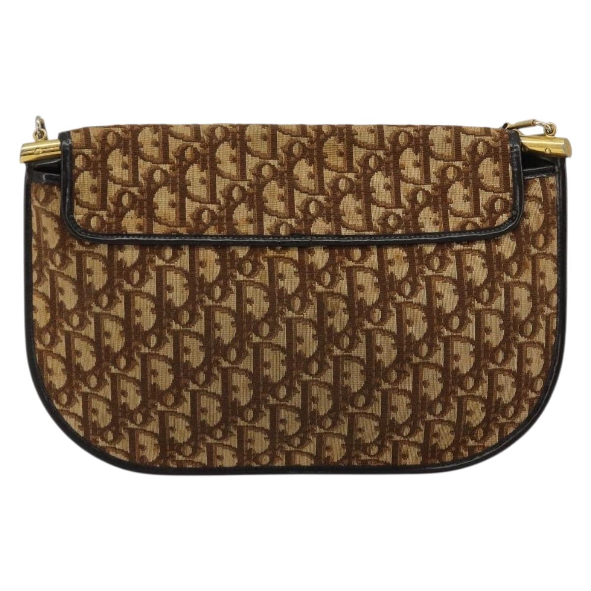 Christian Dior Trotter Canvas Shoulder Bag Brown Gold Auth 182147