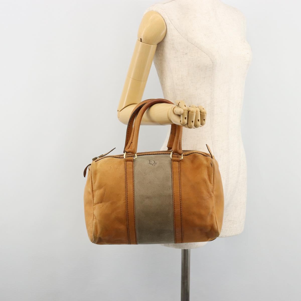 Christian Dior Hand Bag Leather Suede Brown Gold Auth 182155