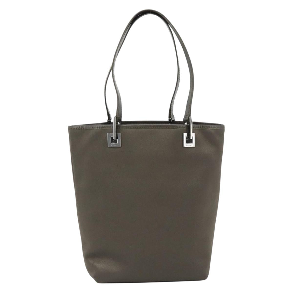 GUCCI Tote Bag Satin Khaki Silver 002 1099 Auth 182156