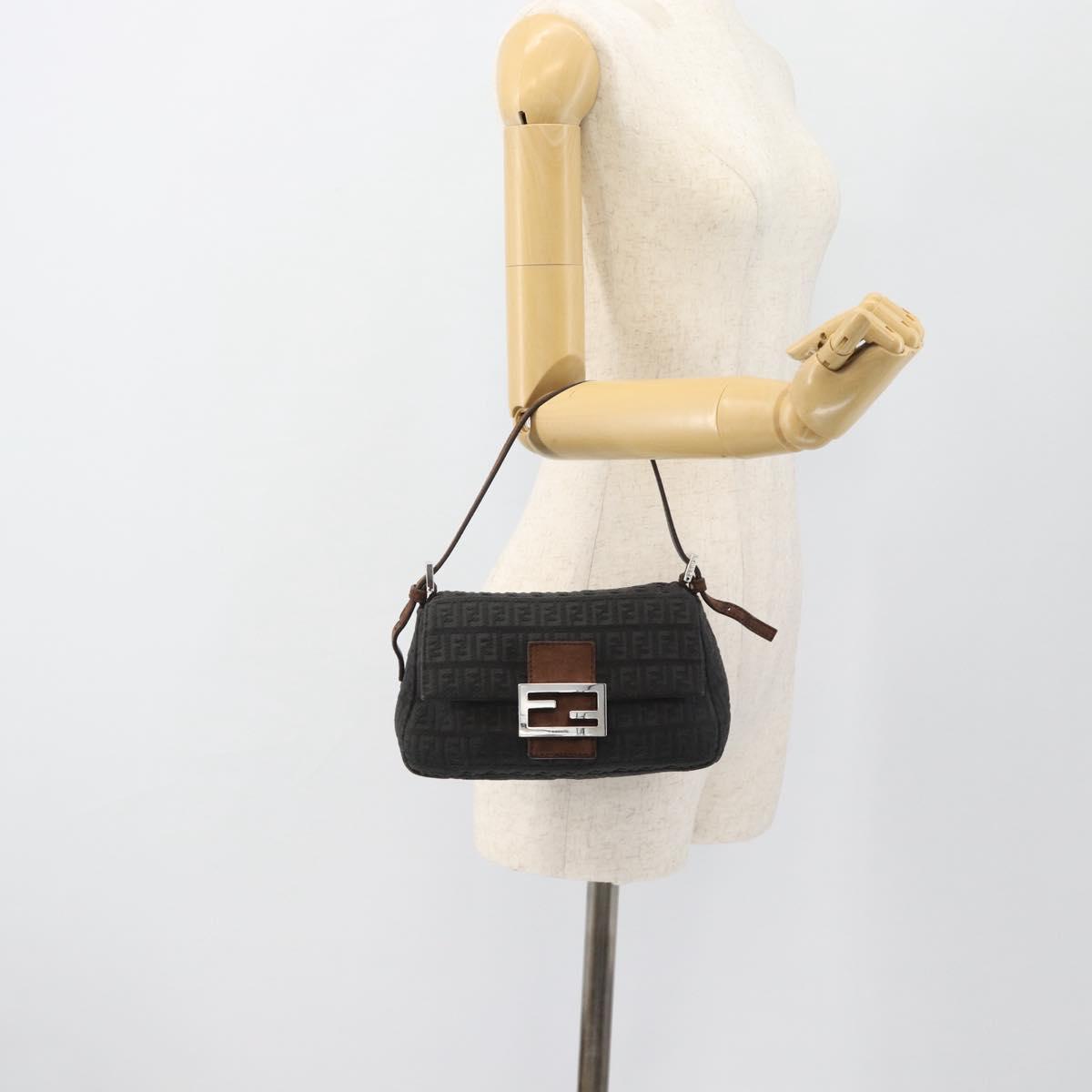 FENDI Zucchino Canvas Mamma Baguette Shoulder Bag Black Silver Auth 182159