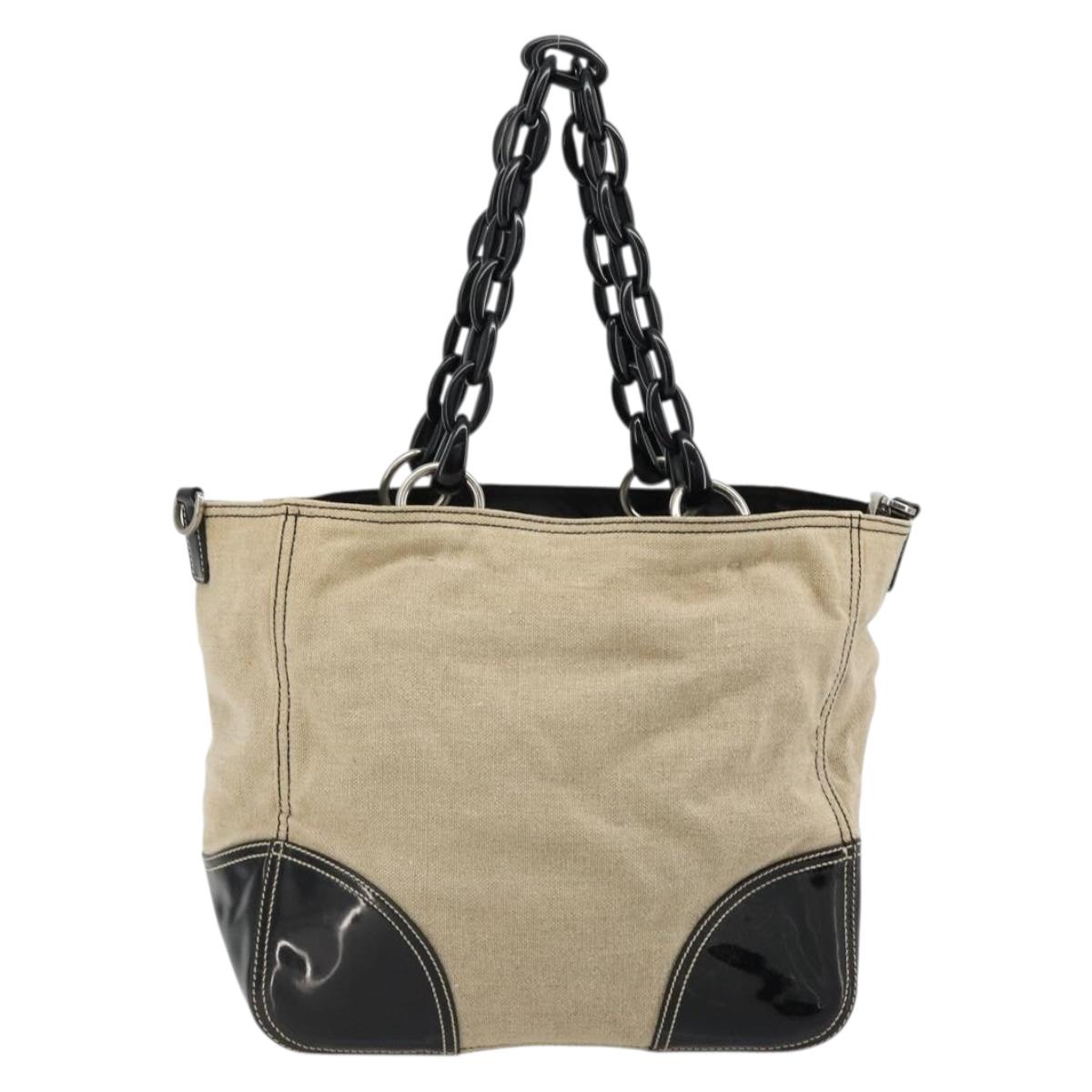 PRADA Plastic Chain Tote Bag Canvas Beige Silver Auth 182198