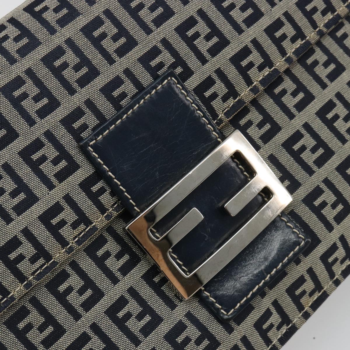 FENDI Zucchino Canvas Shoulder Bag Navy Silver Auth 182201V
