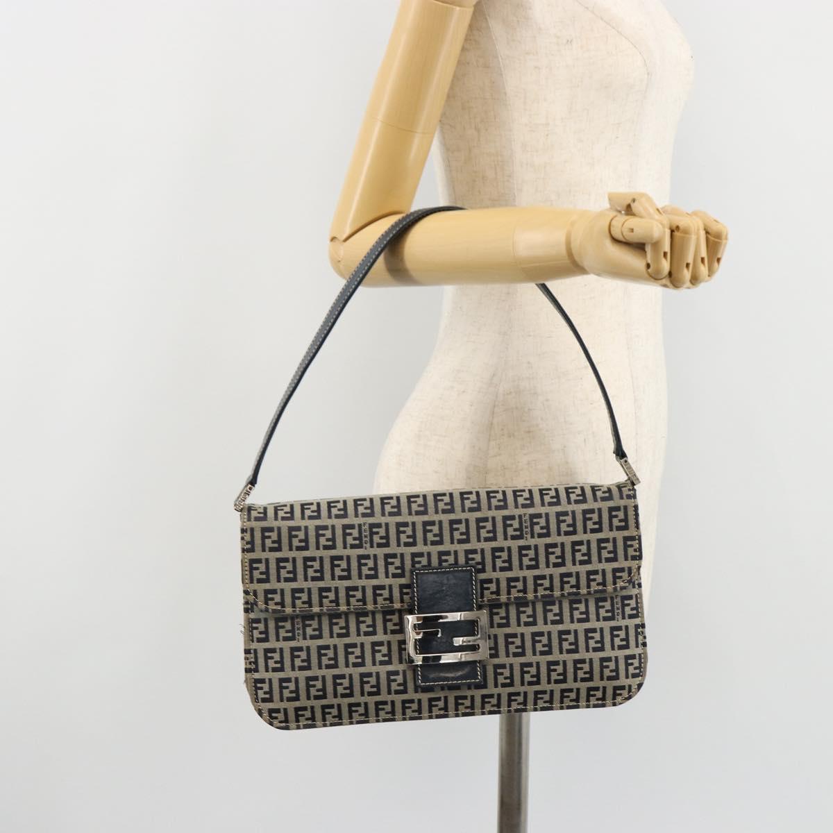 FENDI Zucchino Canvas Shoulder Bag Navy Silver Auth 182201V