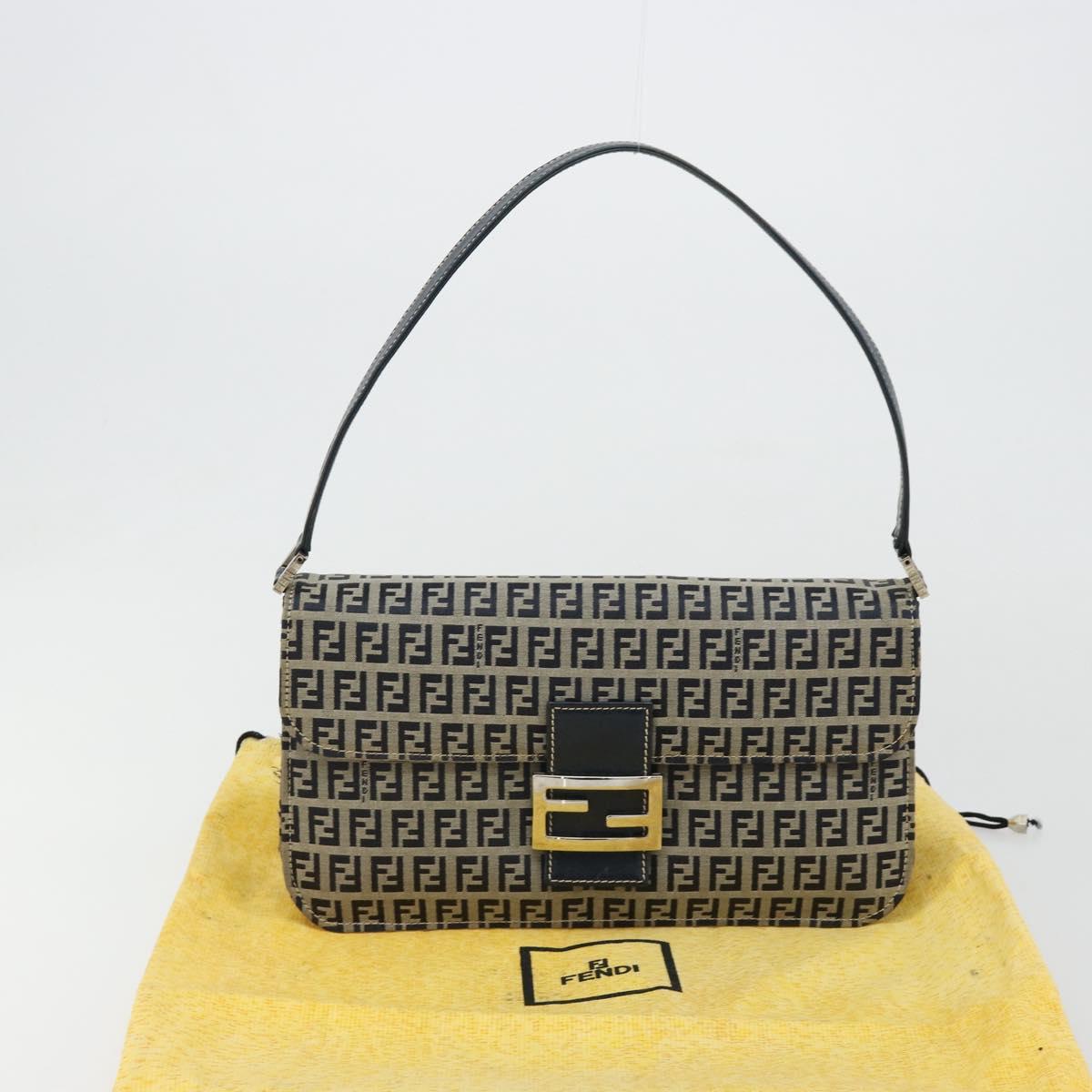 FENDI Zucchino Canvas Shoulder Bag Navy Silver Auth 182201V