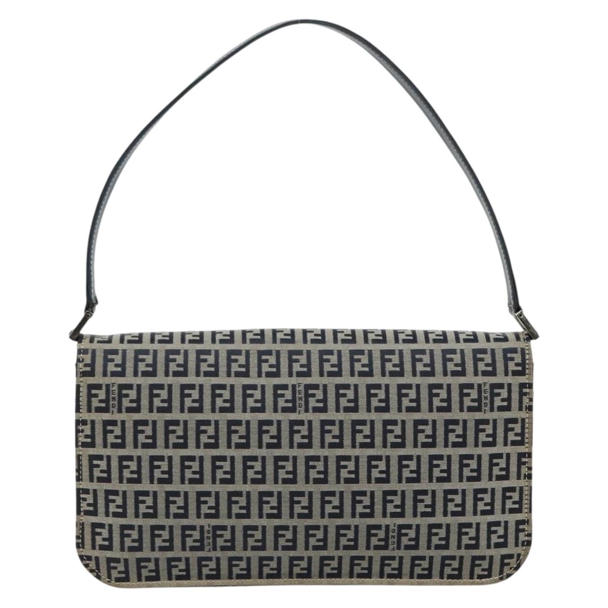 FENDI Zucchino Canvas Shoulder Bag Navy Silver Auth 182201V