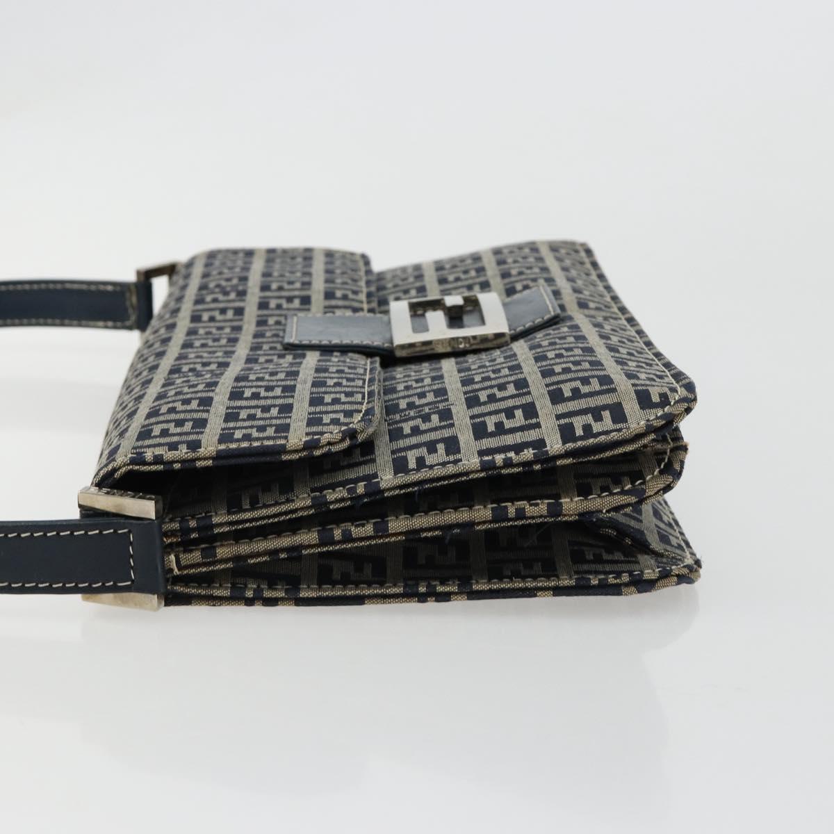 FENDI Zucchino Canvas Shoulder Bag Navy Silver Auth 182201V