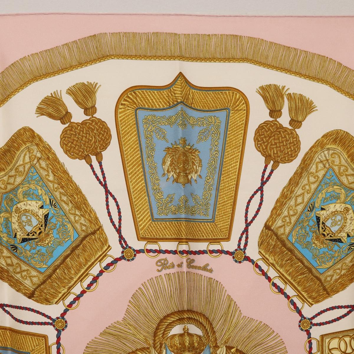 HERMES Carre 90 Scarf ""Poste et Cavalerie"" Silk Pink Auth 182247