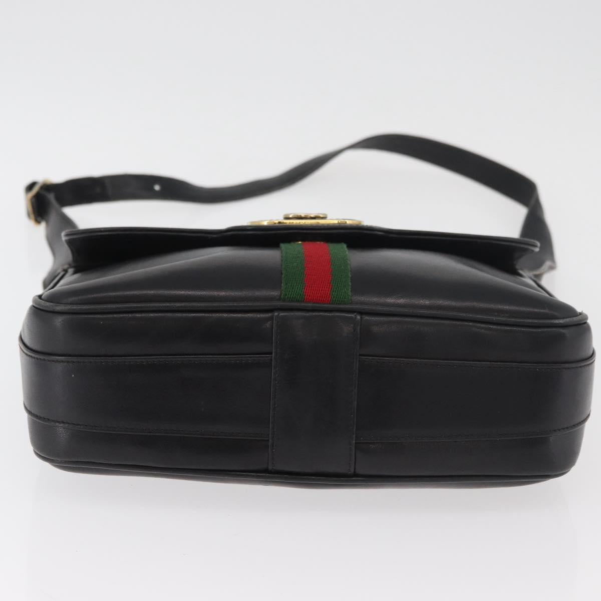 GUCCI Web Sherry Line Shoulder Bag Leather Black Gold Auth 182260