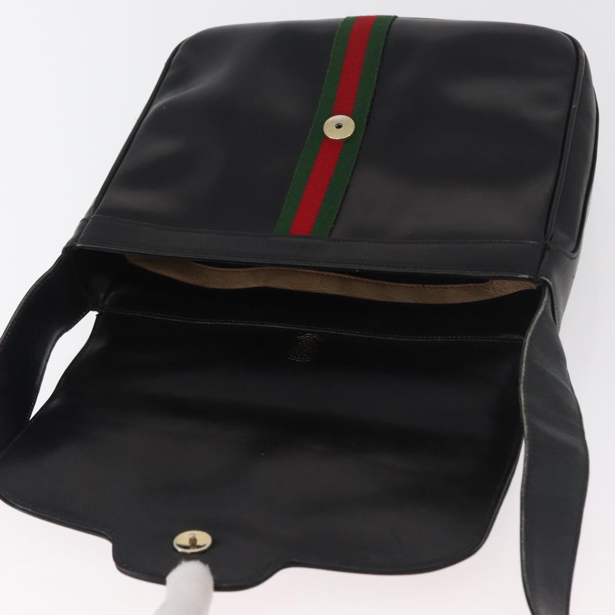 GUCCI Web Sherry Line Shoulder Bag Leather Black Gold Auth 182260