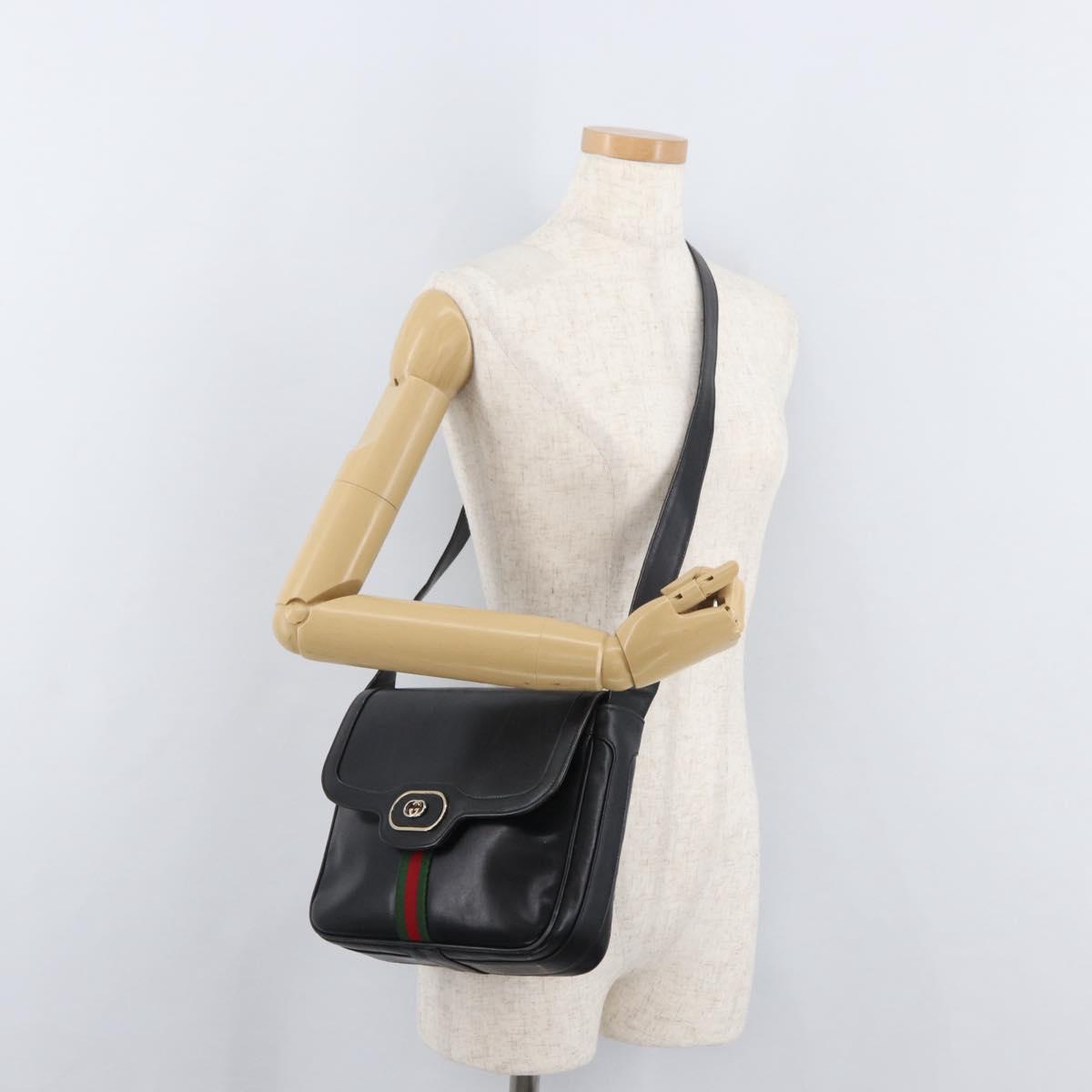 GUCCI Web Sherry Line Shoulder Bag Leather Black Gold Auth 182260